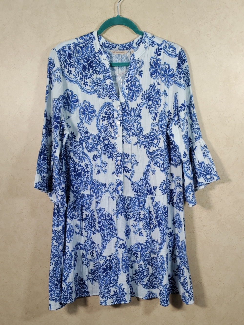 G121 Soft Surroundings blue paisley Karis Cotton Gauze Short Dress PM NEW